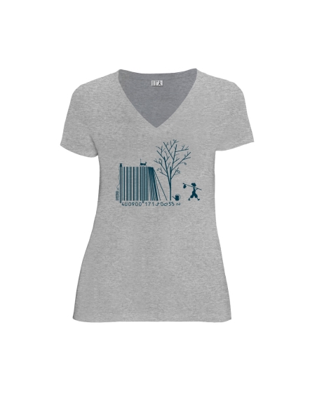 T-shirt équitable coton bio col V AWARA "Code Bar(b)re"
