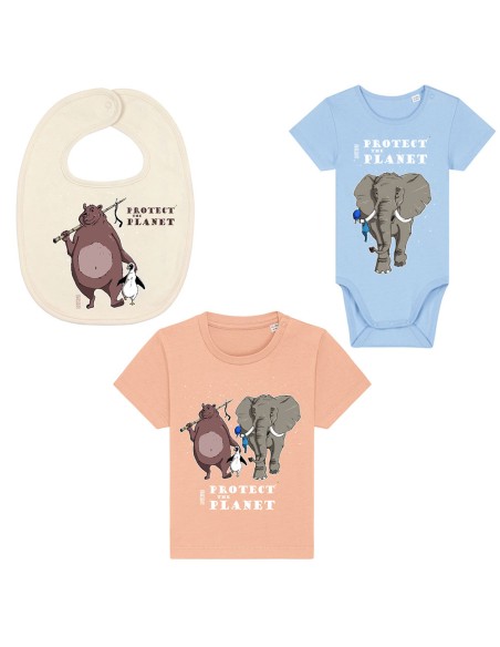 Fairtrade and organic baby bodysuit, T-shirt and bib set "Protect the planet"