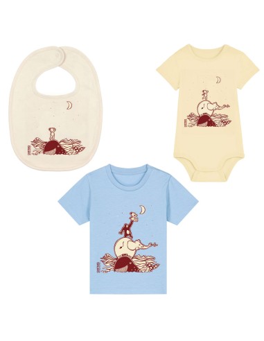Fairtrade and organic baby bodysuit, T-shirt and bib set "Décrocher la lune"