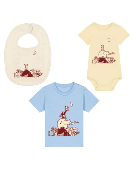 Fairtrade and organic baby bodysuit, T-shirt and bib set "Décrocher la lune"